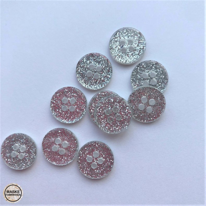 Slv glimmerknap 4-huls, 12 mm