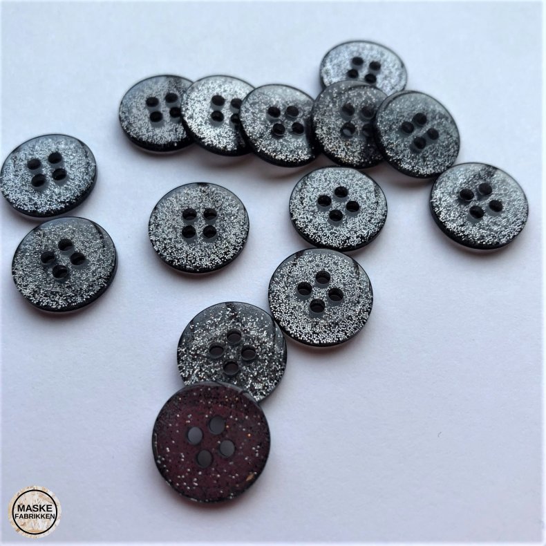 Sort glimmerknap 4-huls, 15 mm