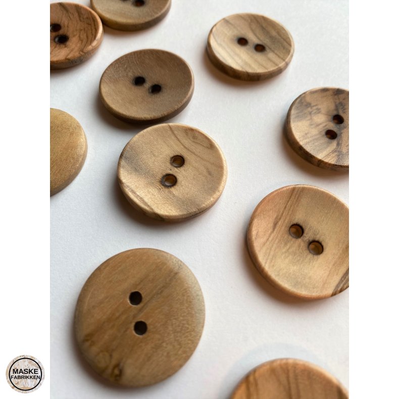 Knap i oliventr - 28 mm, 2 huller