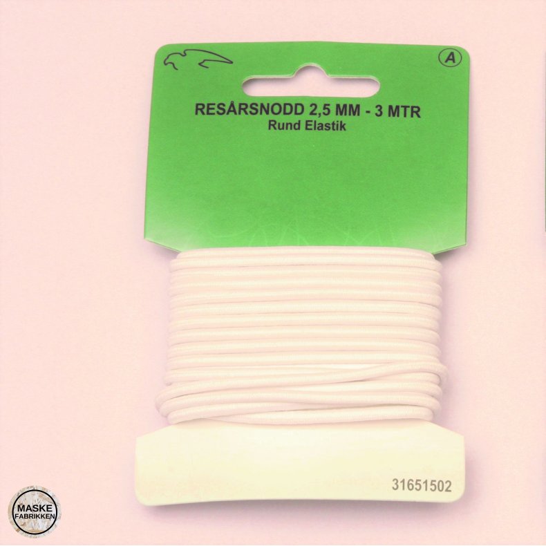 Elastik, rund 2,5 mm - 3 meter hvid