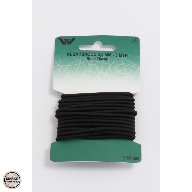 Elastik, rund 2,5 mm - 3 meter sort