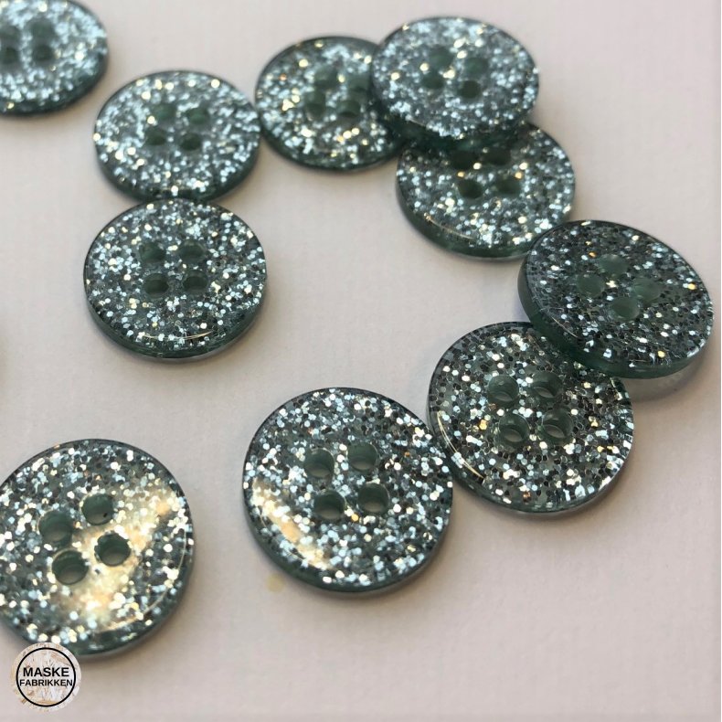 Aqua glimmerknap 4-huls, 15 mm