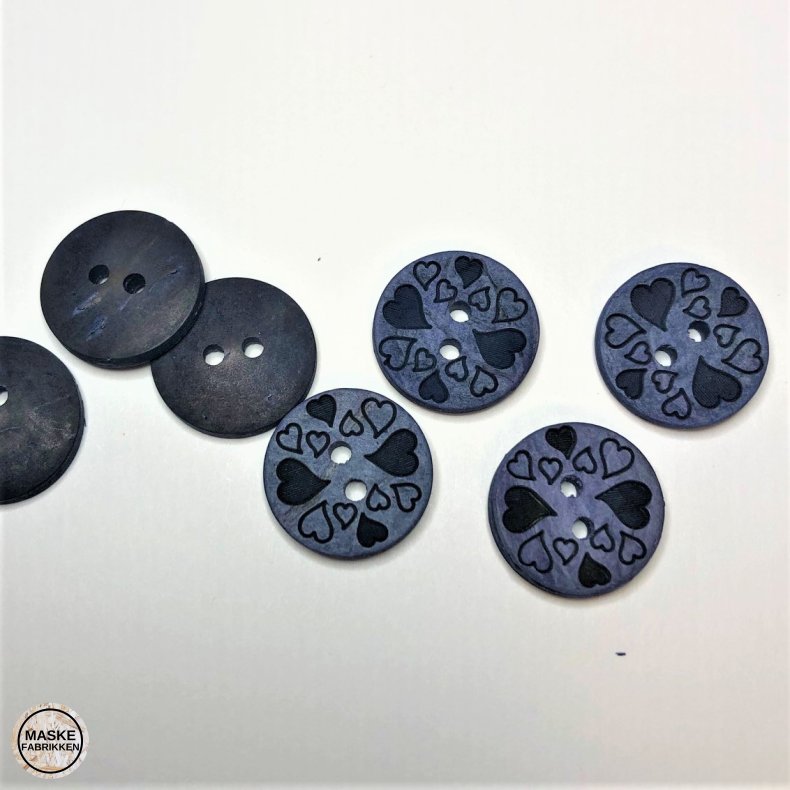 Kokosknap med hjerter, 2-huls, bl, 15 mm