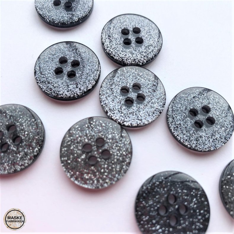 Sort glimmerknap 4-huls, 17 mm