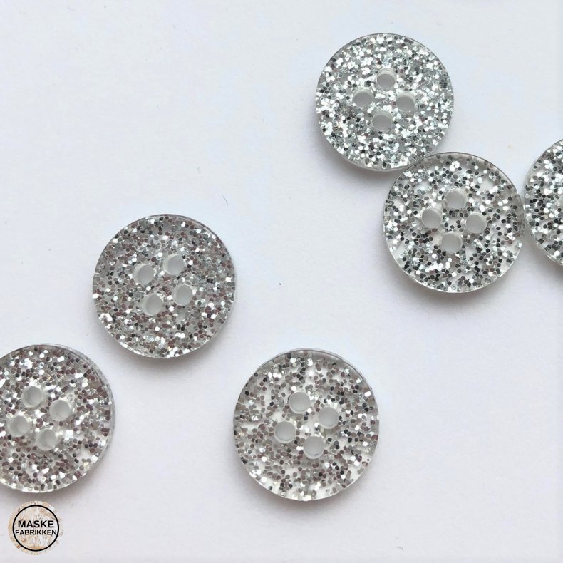 Slv glimmerknap 4-huls, 15 mm