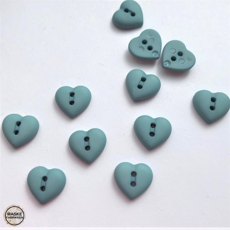 Knap 2 hul, grnt hjerte, 12 mm
