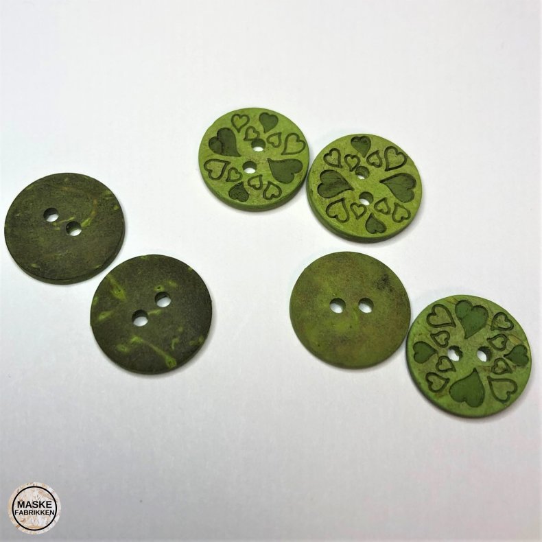 Kokosknap med hjerter, 2-huls, grn, 15 mm