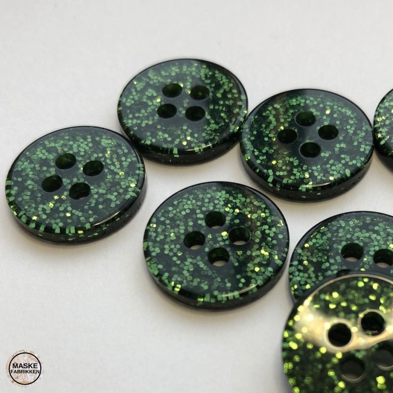 Grn glimmerknap 4-huls, 15 mm