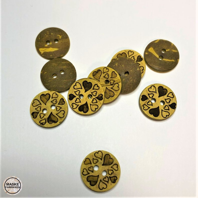 Kokosknap med hjerter, 2-huls, gul, 15 mm