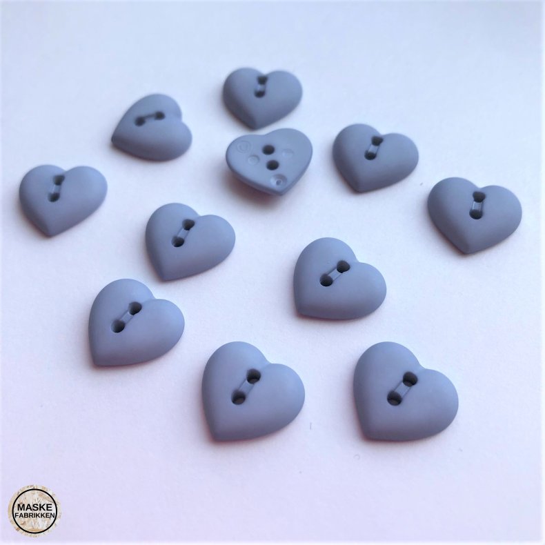 Knap 2 hul, lyseblt hjerte, 15 mm