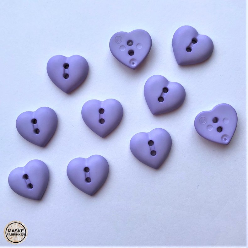 Knap 2 hul, lilla hjerte, 15 mm