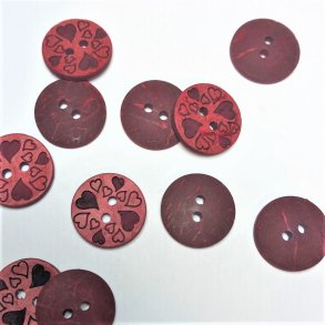 Kokosknap med hjerter, 2-huls, rd, 15 mm