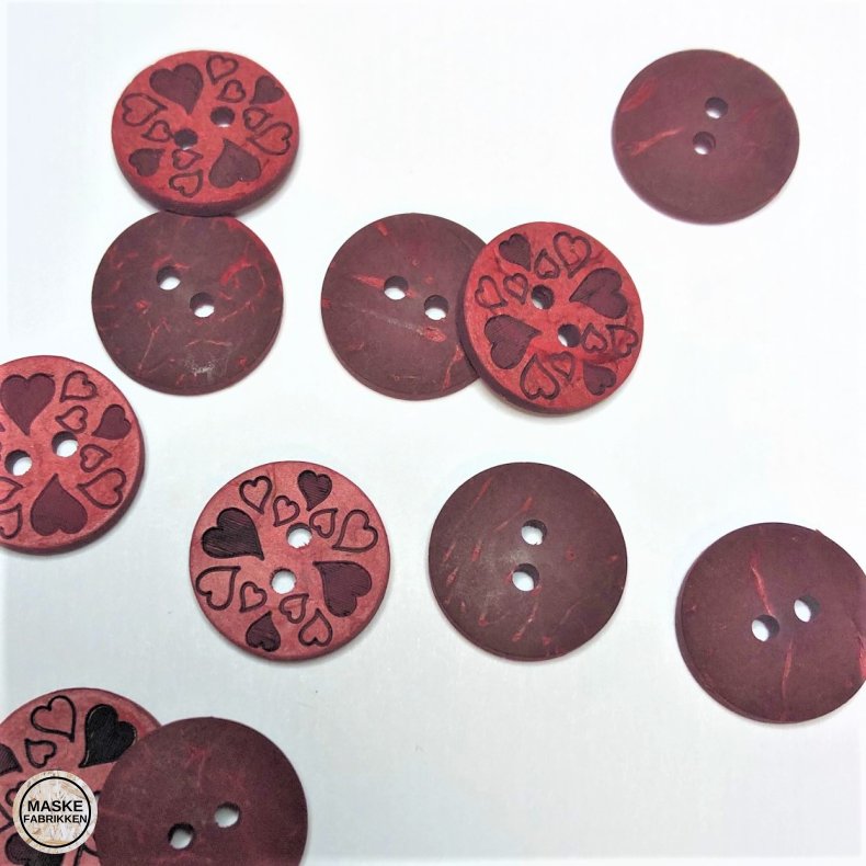 Kokosknap med hjerter, 2-huls, rd, 15 mm