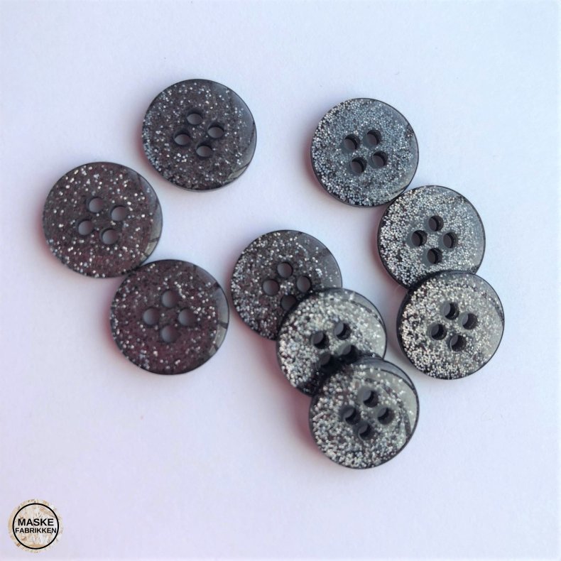 Sort glimmerknap 4-huls, 12 mm